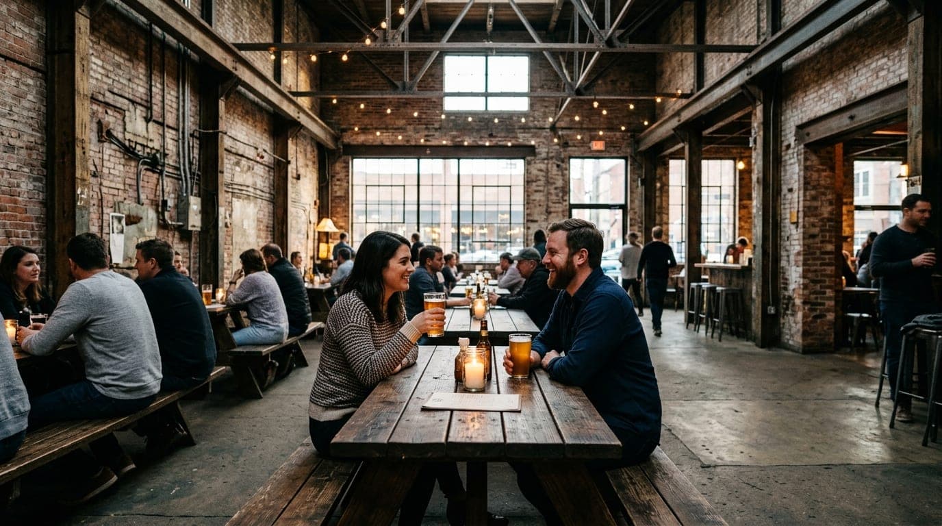 A wide-angle, candle-lit medium shot centered inside a repurposed tobacco warehouse. A couple sits at a rustic wooden picn...