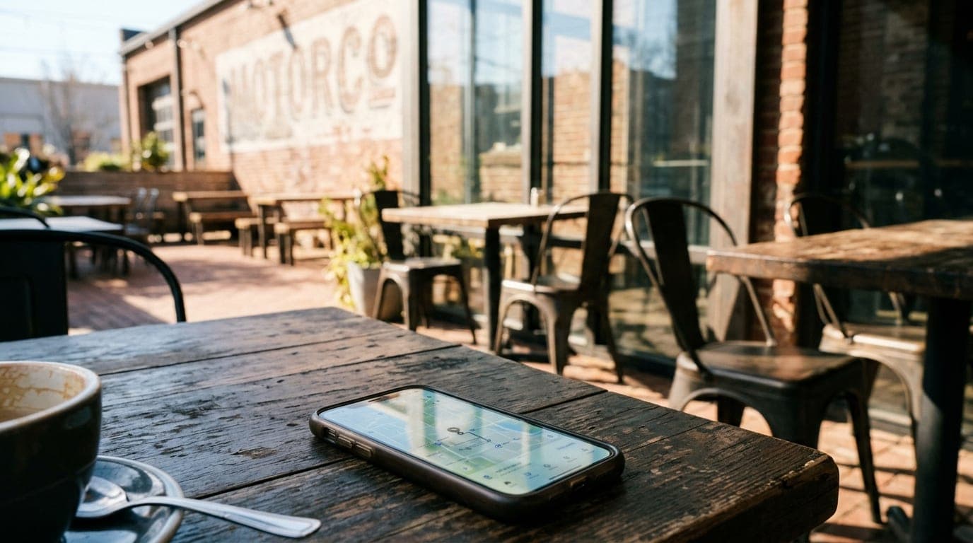 A close-up shot of a smartphone screen displaying a rideshare app, resting on a dark bistro table at Motorco. Noon sunligh...