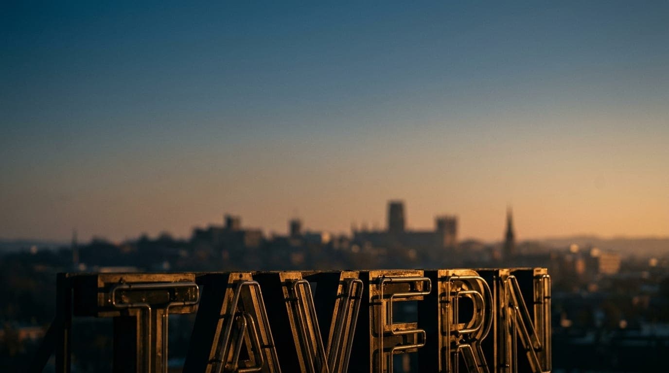 A 50mm natural perspective captures the intricate, glowing metal letters of a classic neon tavern sign, set against a blur...