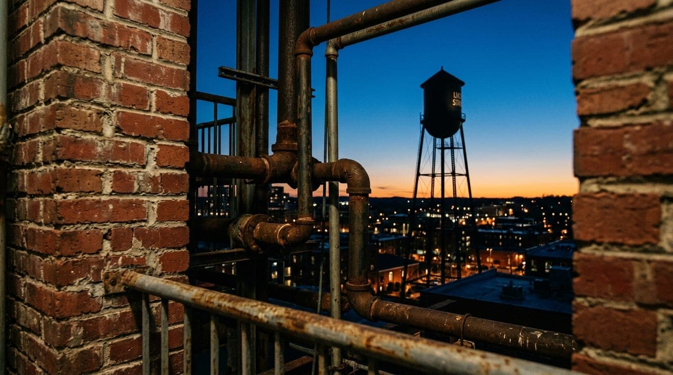 A tight, 100mm macro shot of weathered brick and rusted industrial pipes at the American Tobacco Campus, framing the iconi...