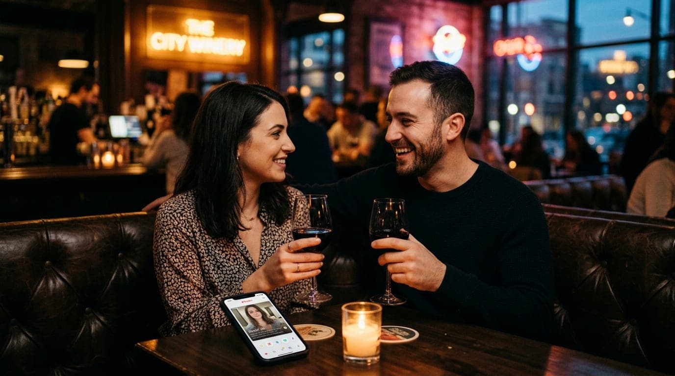 A couple sits in a leather booth at a dimly lit winery, holding glasses of red wine. A smartphone displaying a Tinder prof...