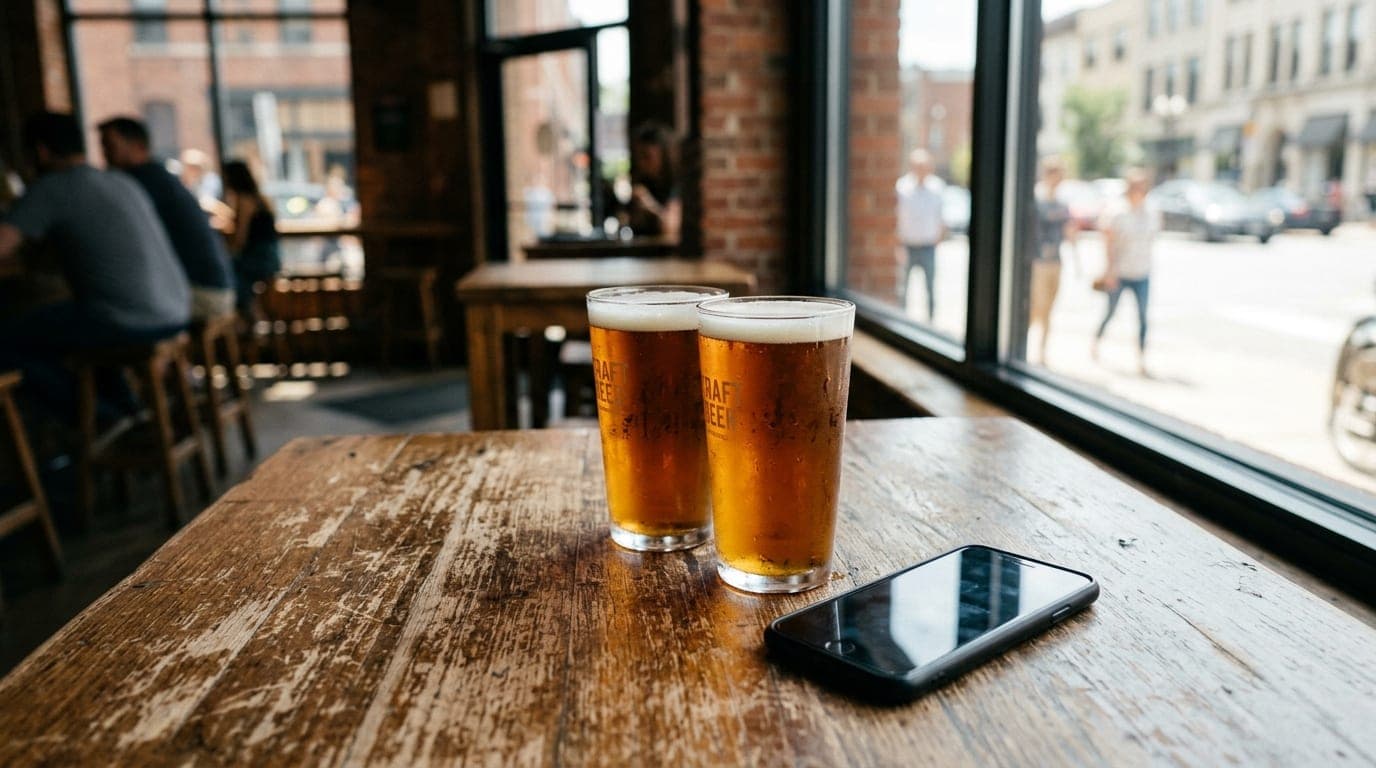 A close-up, tilt-shift shot at noon catches natural light streaming through a window onto a rustic wooden table at Dust Bo...