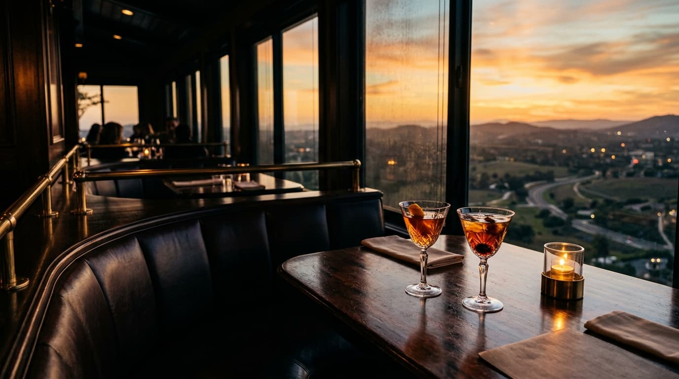 Low-angle shot from a corner booth at Vintana. Two crystal cocktail glasses sit on a polished table, offset right, capturi...