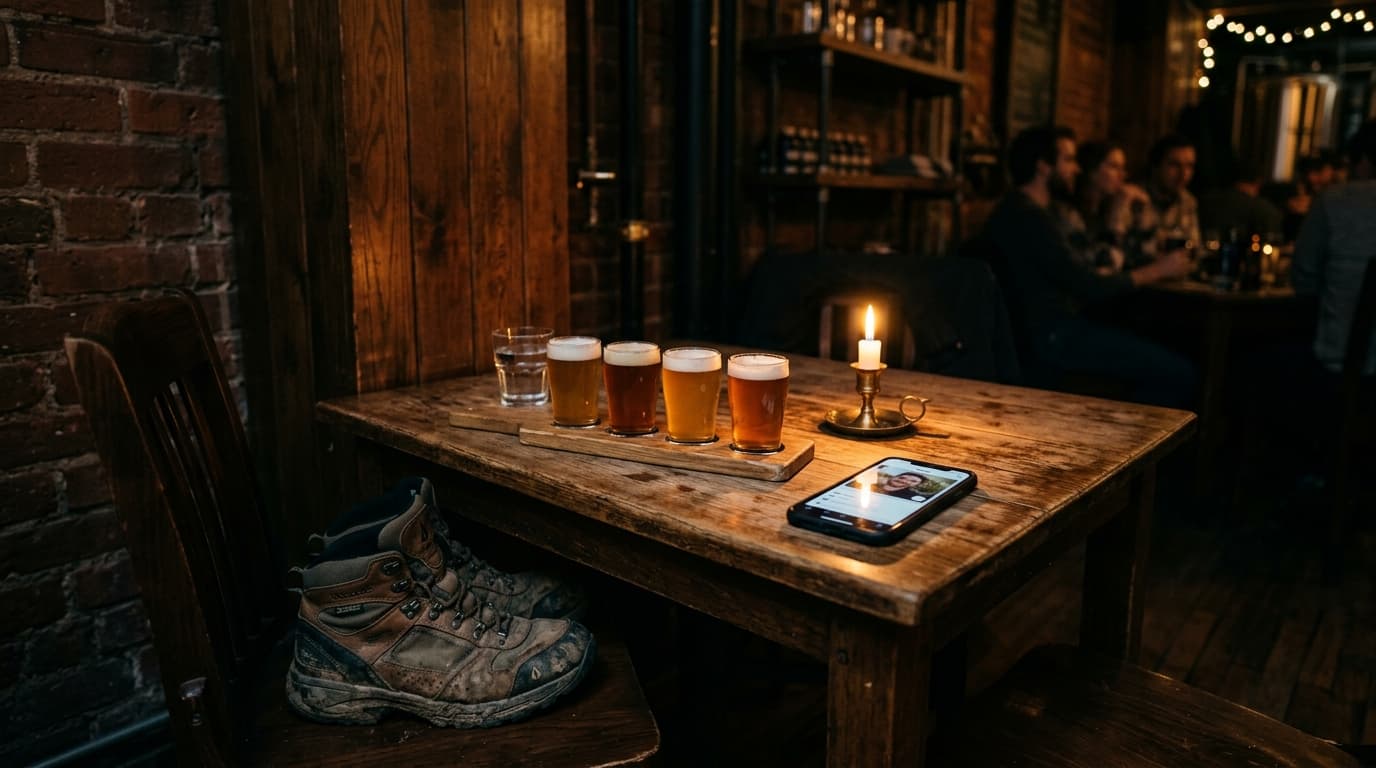 A dimly lit craft brewery corner featuring a worn wooden table, a single hiking boot resting beside a flight of local IPA...