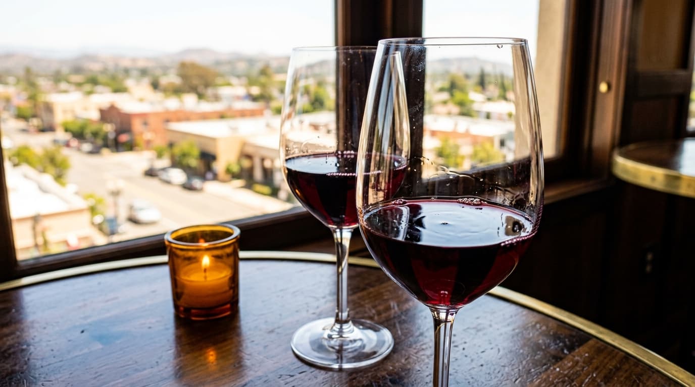 A close-up, 100mm macro shot of two half-poured glasses of red wine resting on a polished bistro table at Vintana, with bl...