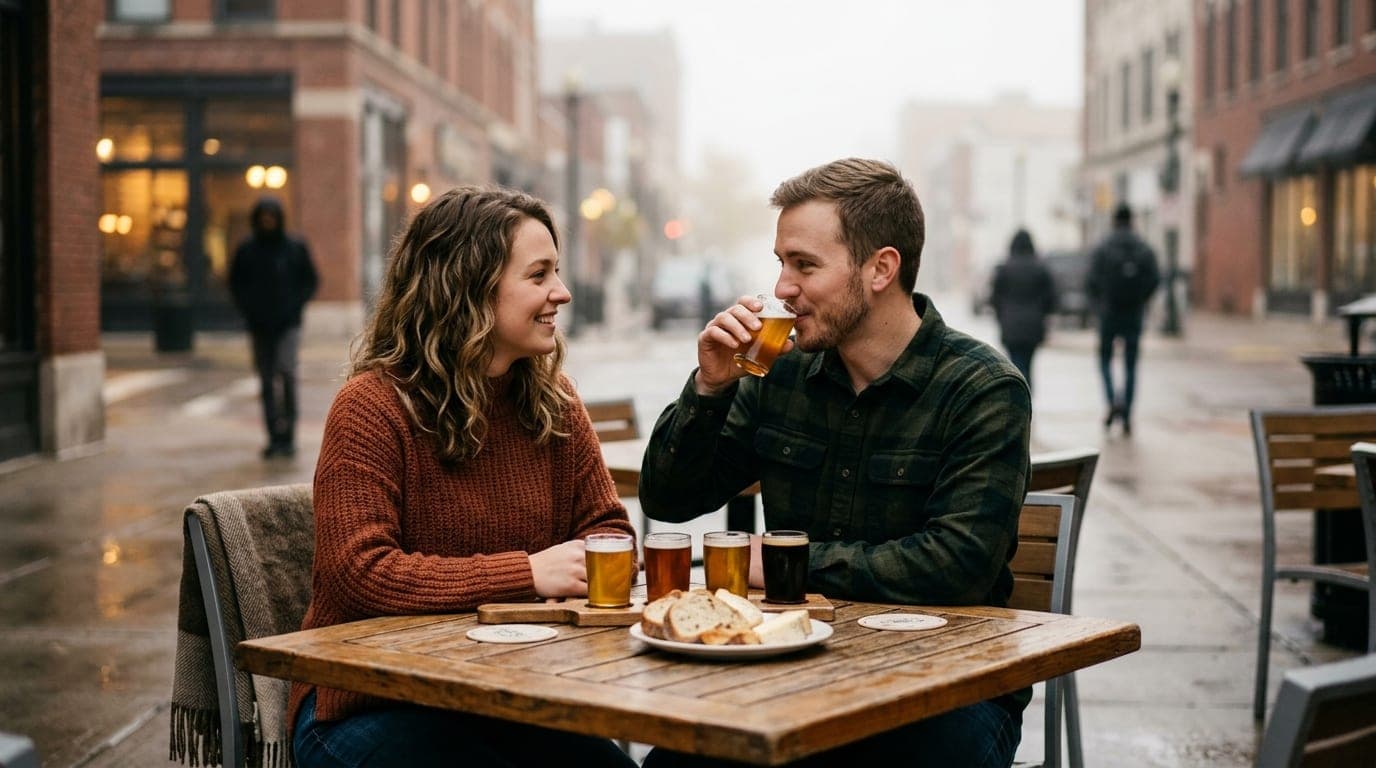 An 85mm portrait shot, offset left, captures a couple sharing a craft beer flight on a rustic outdoor table on Grand Avenu...
