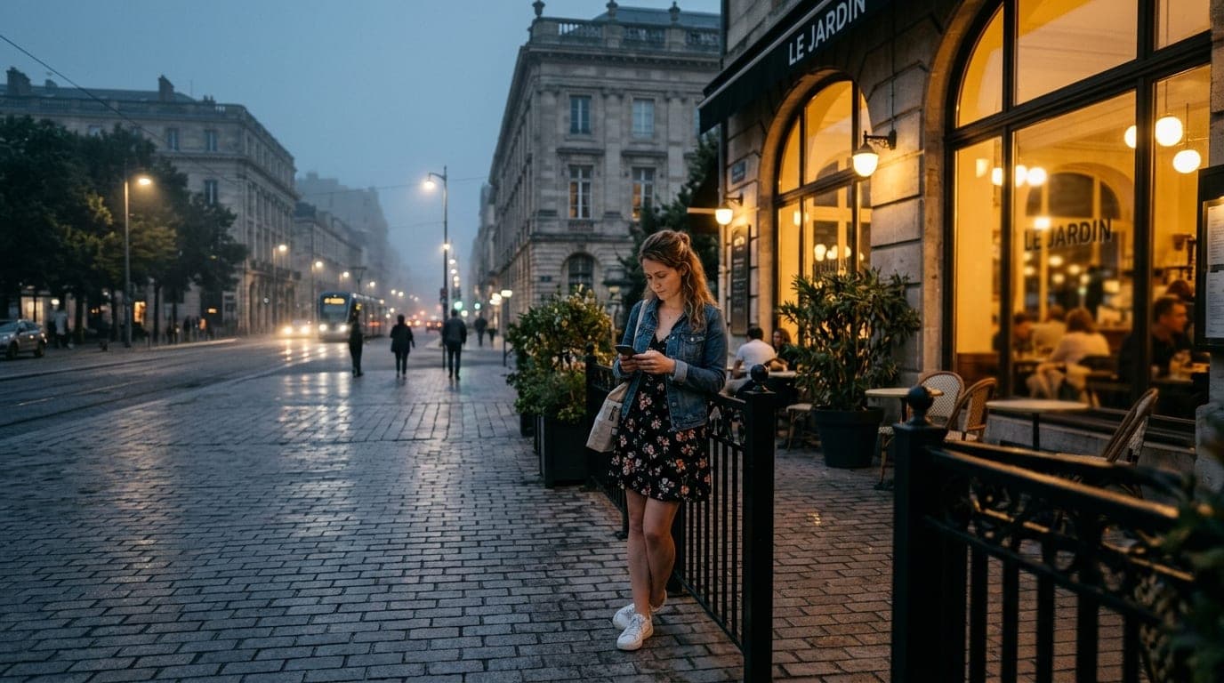 A wide 24mm establishing shot of a brightly lit Grand Avenue bistro at night. A woman in a floral sundress checks her phon...