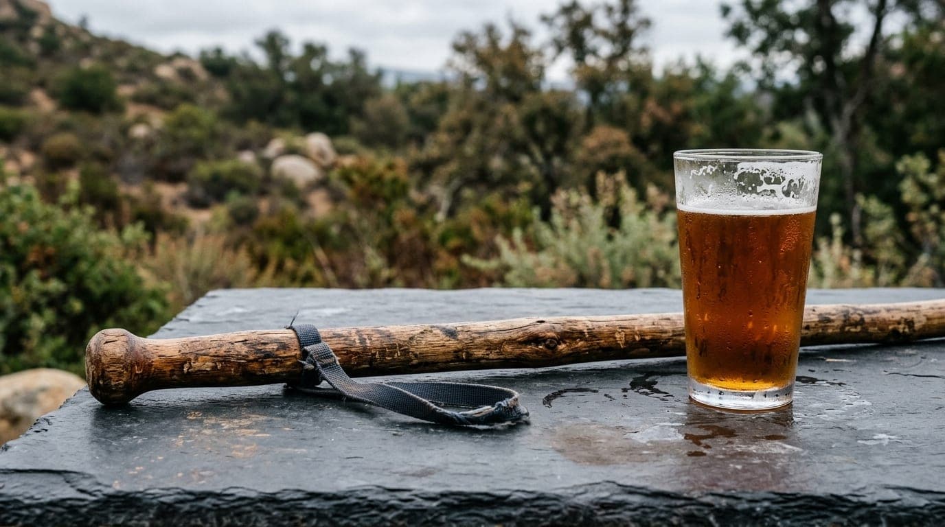 A 100mm macro shot captures a weathered wooden hiking stick resting on a dark slate table at a brewery, a sweating pint of...