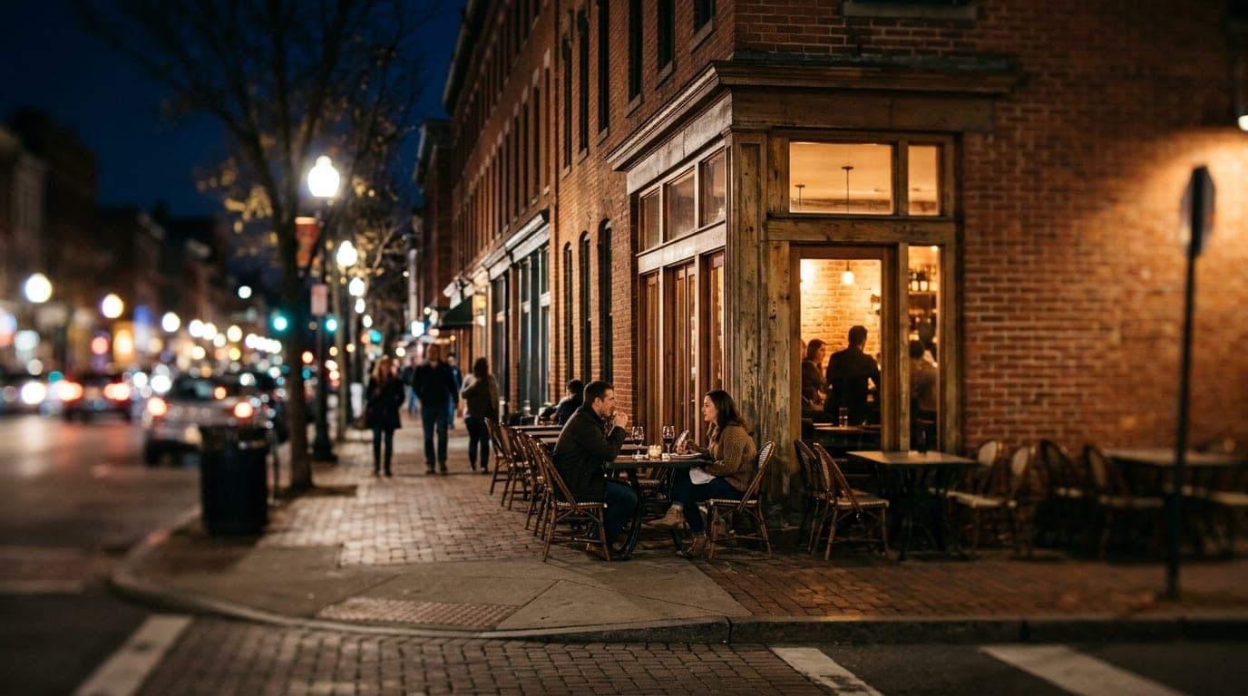 A wide establishing shot of Grand Avenue at night, tilt-shift focus blurring the streetlights. A couple sits at a bistro t...