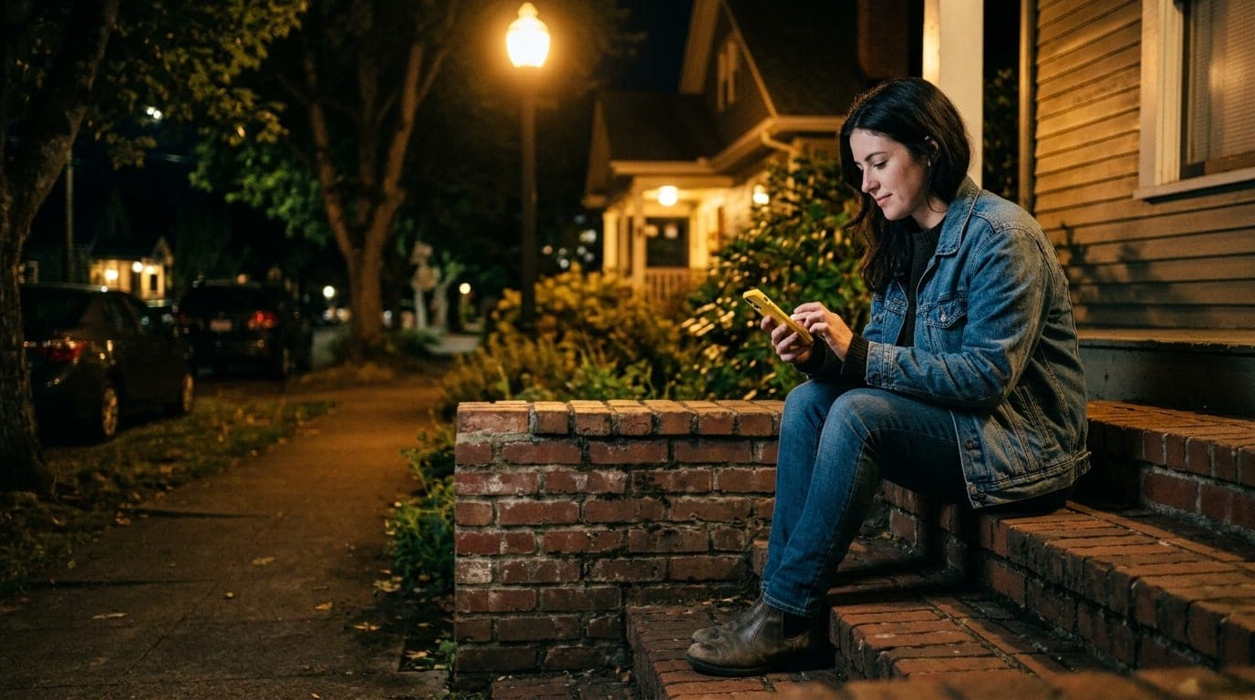 A low-angle shot of a woman in a denim jacket scrolling Bumble on a smartphone. She sits on a brick stoop in South Eugene,...