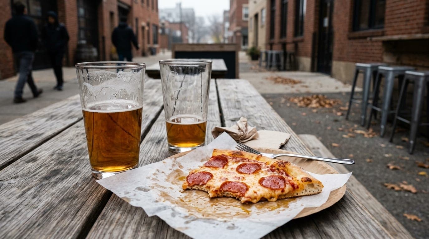 An overhead flat-lay of two half-empty pint glasses and a partially eaten slice of pizza on a weathered picnic table at Pu...