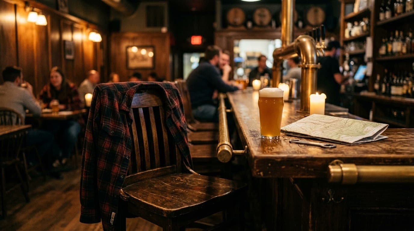 A low-angle 85mm shot inside a dimly lit local brewery. A worn flannel shirt hangs over the back of a bar stool next to a...