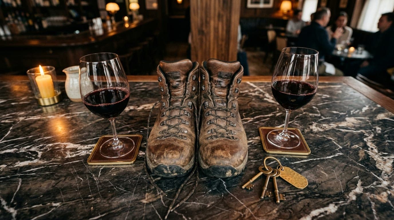 An overhead flat-lay of a polished marble table at The Gordon Hotel bar. Two half-poured glasses of red wine sit centered...