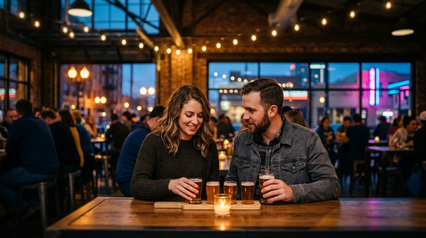 A medium shot with tilt-shift focus shows a couple sharing a craft beer flight at a candlelit table in a bustling brewery,...