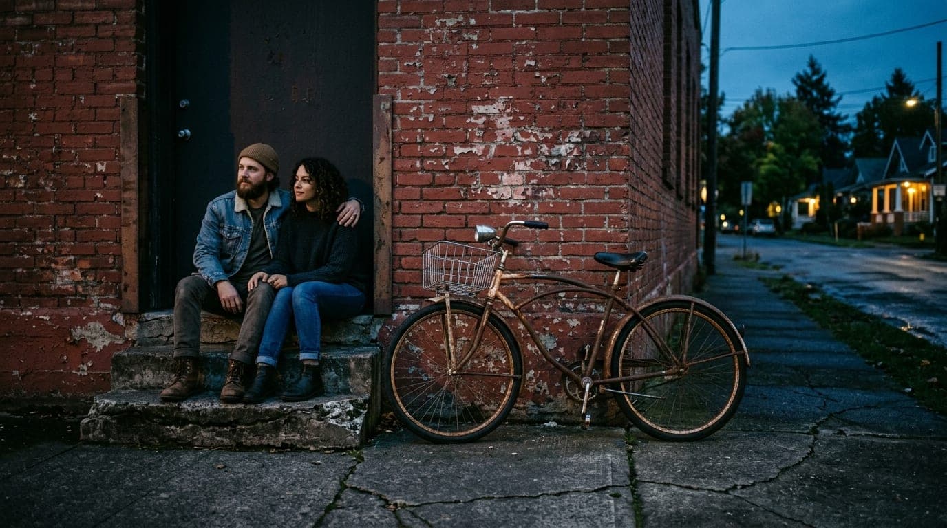 A couple sits on the cracked concrete stoop of a gritty Whiteaker warehouse at blue hour. A rusted bicycle leans against a...
