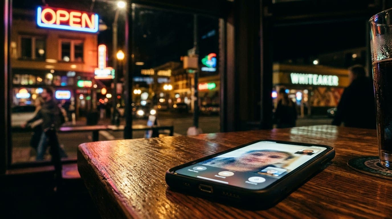 Low-angle 50mm shot at midnight. A glowing smartphone screen showing a blurred FaceTime call sits on a polished Ninkasi ta...