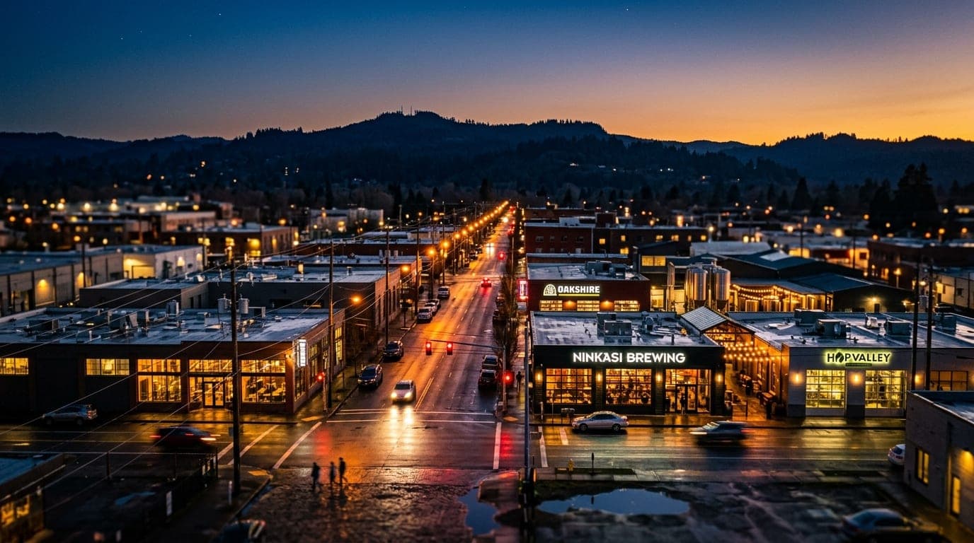 A wide, tilt-shift shot of the Whiteaker district at night, featuring glowing brewery windows reflecting on wet asphalt, w...