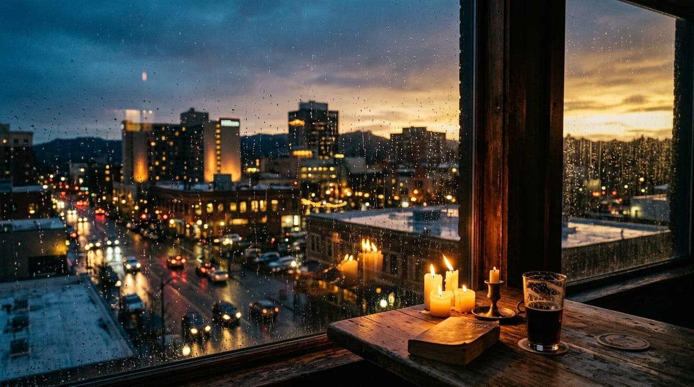 A medium shot from inside The Barn Light, offset right, shows the warm, flickering glow of candles on a wooden table, fram...