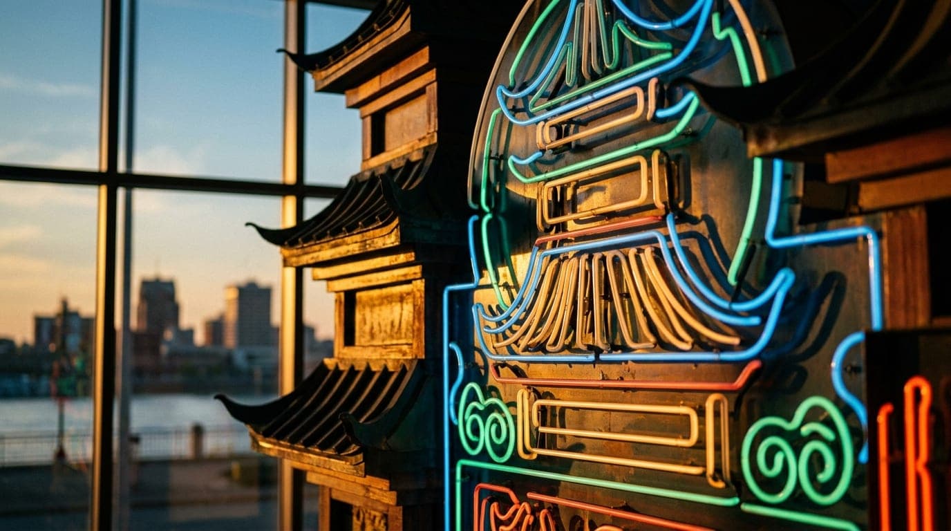 A 100mm macro shot captures the intricate, glowing neon signage of the iconic Pagoda on the Evansville riverfront, illumin...