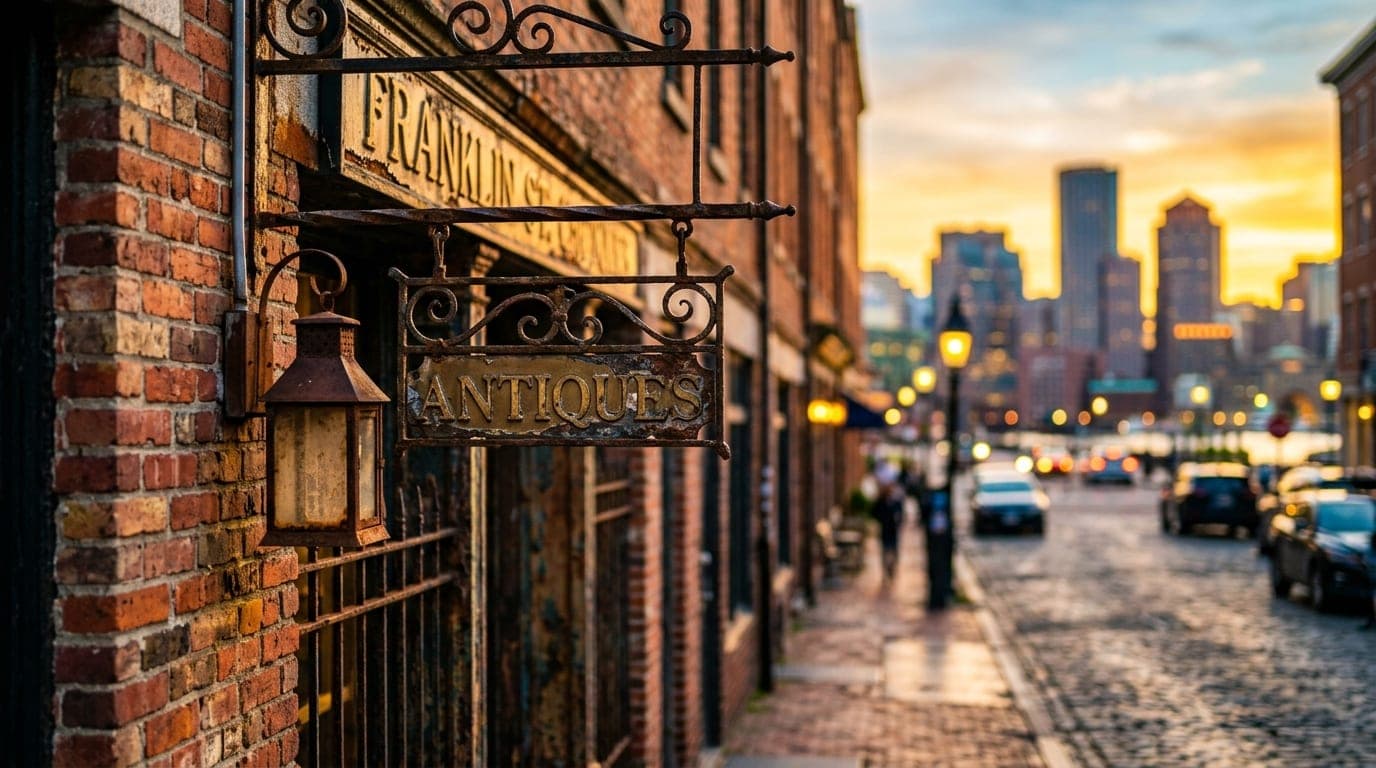 A tilt-shift macro captures the weathered, vibrant brick facade of a Franklin Street storefront at golden hour, with sharp...