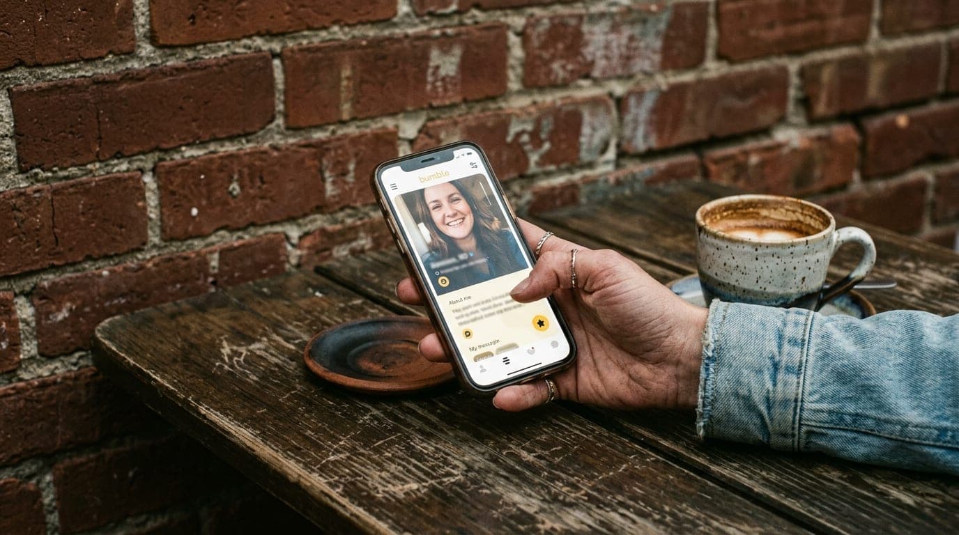100mm macro shot of a hand holding a glowing smartphone displaying a Bumble profile, featuring a coffee cup from a local r...