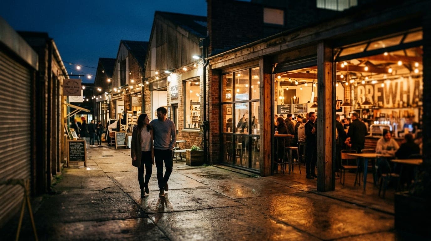 Wide establishing shot of Brewhalla at night. A couple in casual sweaters walks past industrial market stalls, illuminated...