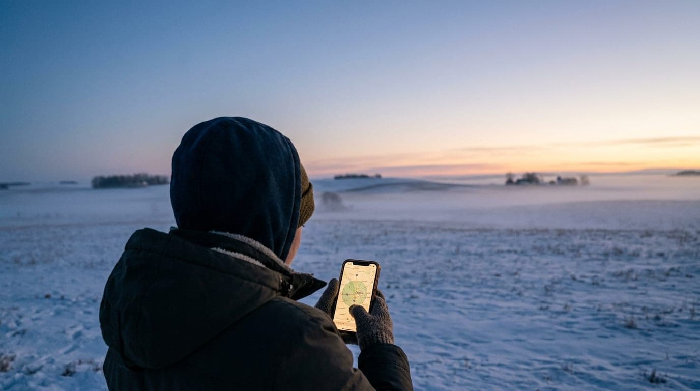 Over-the-shoulder view of a person wearing a heavy parka, scrolling a smartphone map showing a fifty-mile radius around Fa...
