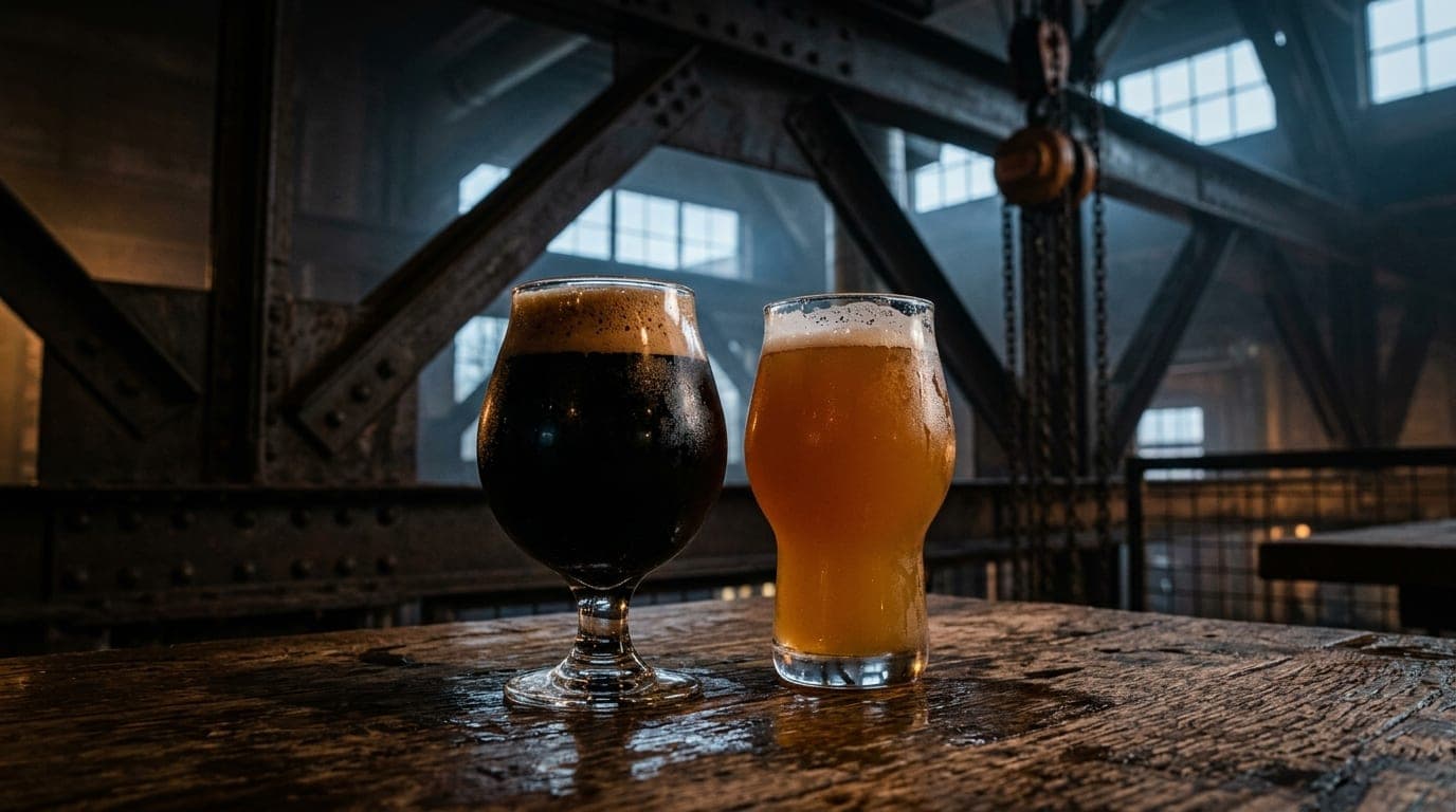 A low-angle, tight-cropped macro shot of two craft beer glasses resting on a rustic wooden table at Drekker Brewing, with...