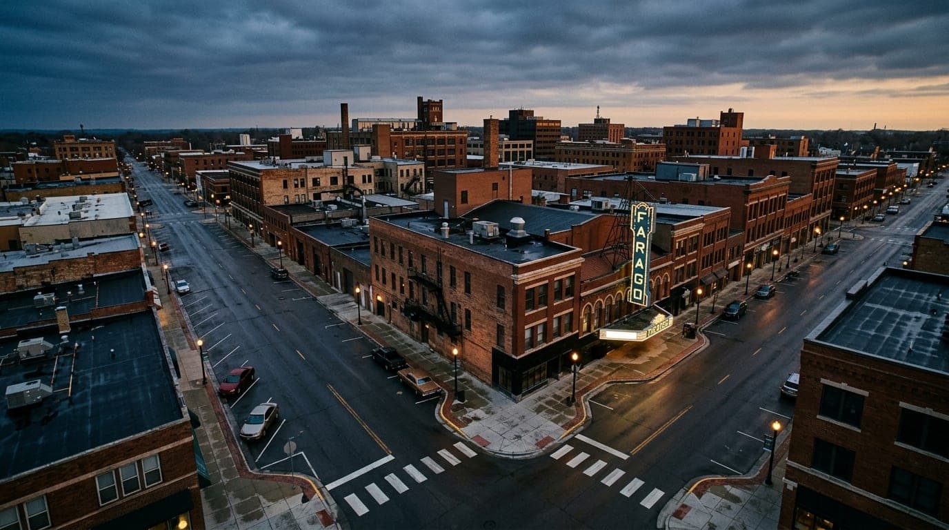 Overhead 35mm shot of a quiet Broadway street in downtown Fargo at overcast dawn. The frame captures the brick textures an...