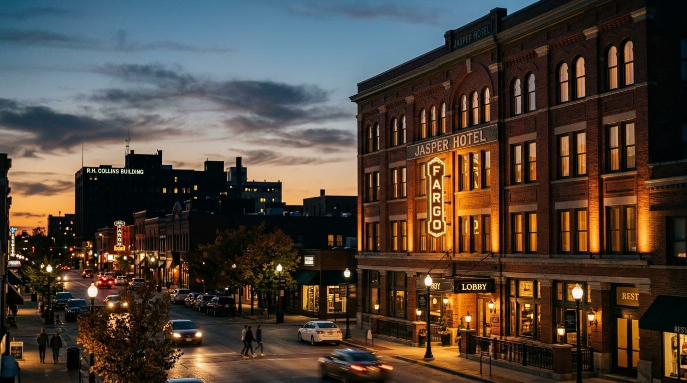 An 85mm wide shot captures the illuminated brick facade of the Jasper Hotel at dusk. Warm tungsten light glows from interi...