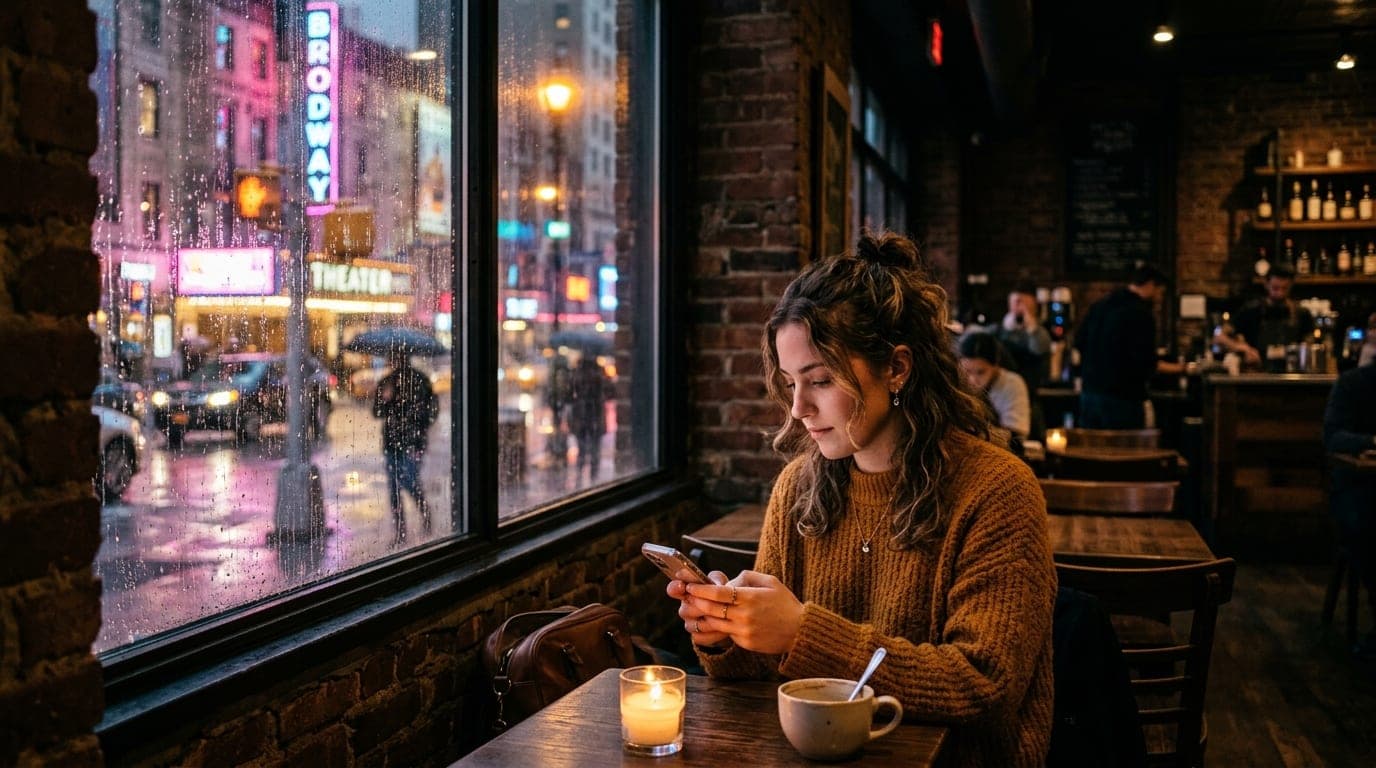 A woman in a thick wool sweater looks at her phone in a dimly lit, exposed-brick coffee shop on Broadway, the glowing city...