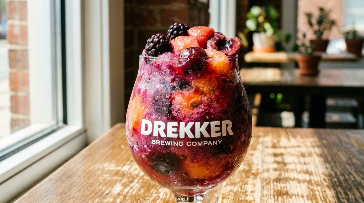 A close-up 100mm macro shot captures a colorful, melting fruit-topped sour beer slushy in a branded Drekker glass, illumin...
