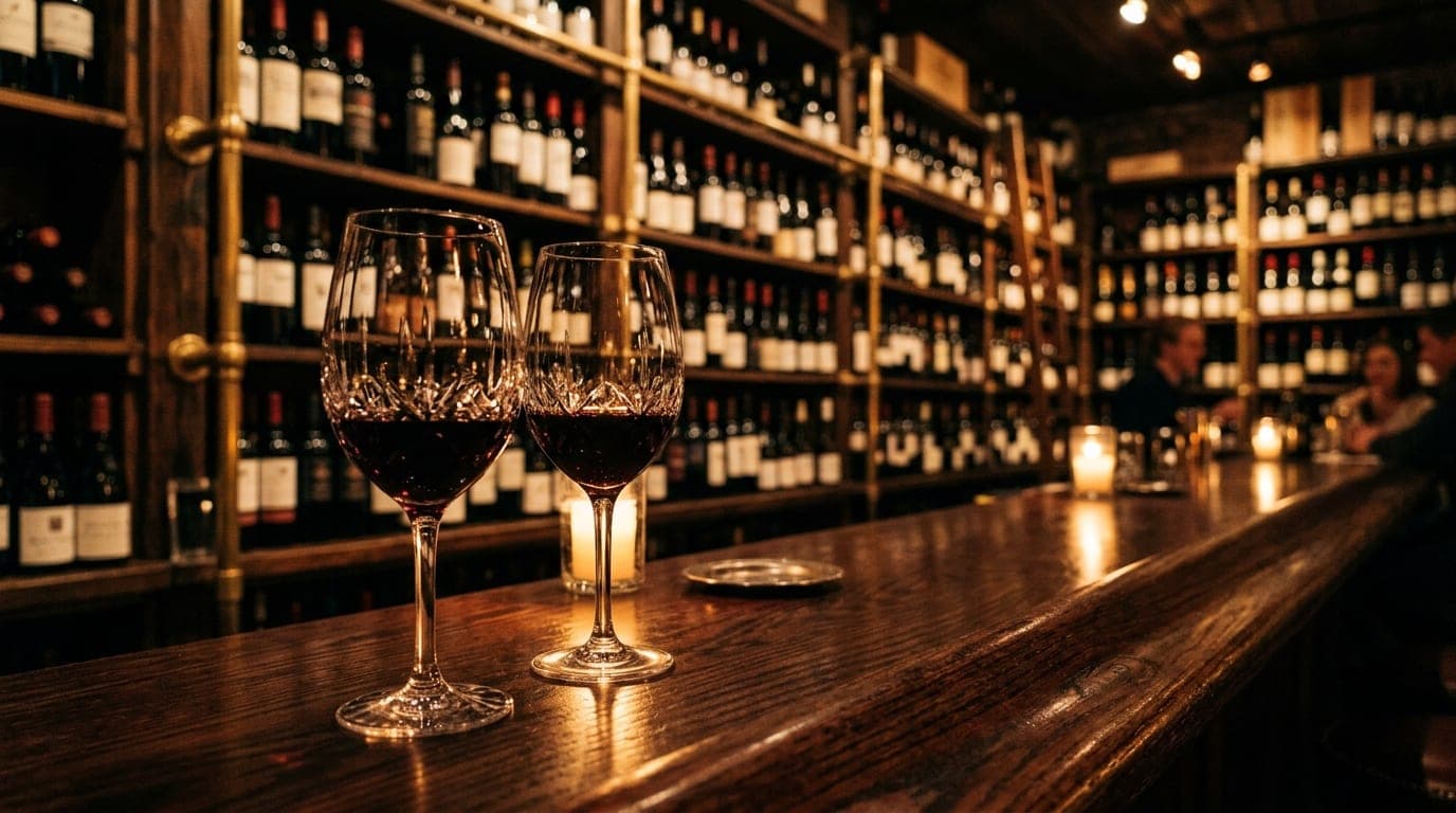 A low-angle shot in a dim, upscale Fayetteville wine cellar. Two elegant crystal glasses sit on a polished mahogany bar, o...