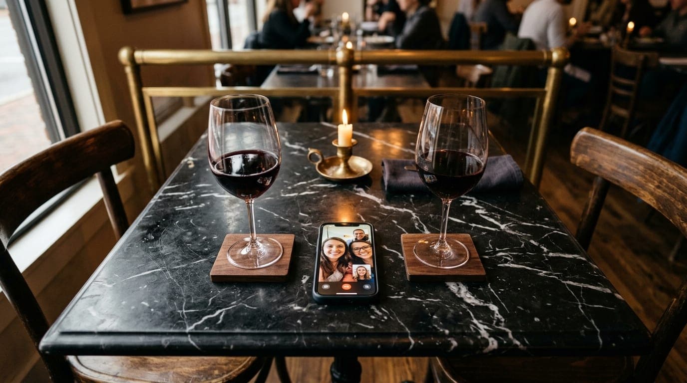 An overhead flat-lay of a polished marble café table in downtown Fayetteville. A smartphone showing a clear video call scr...