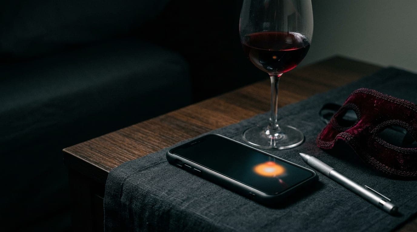 A modern smartphone displays a glowing, blurred notification icon on a dim bedside table, resting beside a half-empty glas...