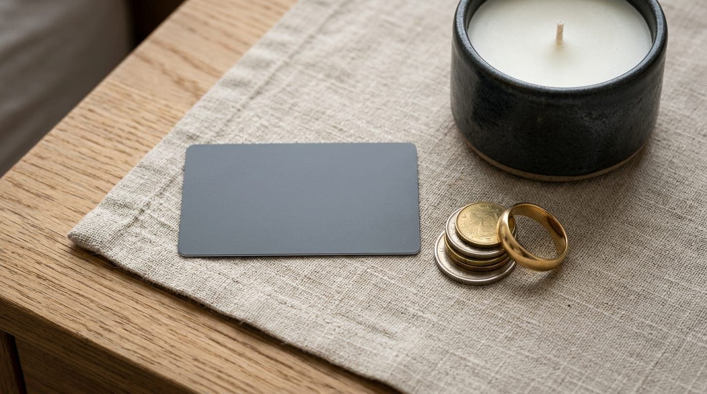 An overhead macro shot of a credit card resting on a bedside table, positioned beside a stack of coins, an expensive gold...