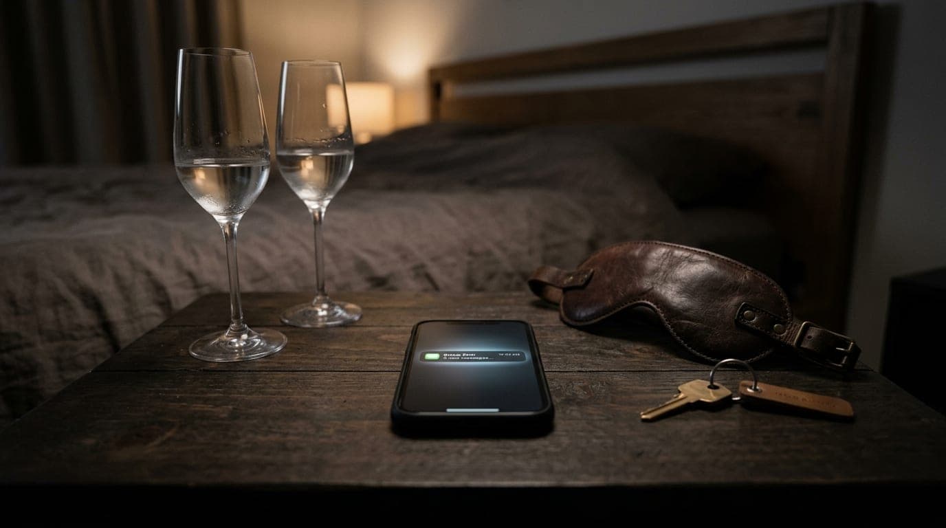 A centered, low-angle shot on a dark nightstand: a smartphone screen glowing with a "Group Chat" notification beside a lea...