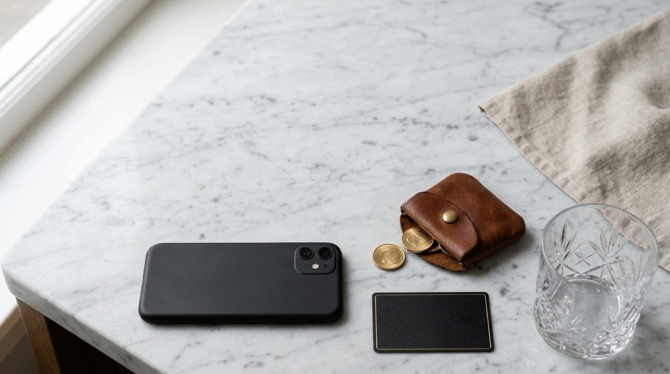 Overhead flat-lay on a marble countertop: a face-down smartphone, a leather coin purse spilling two gold coins, a single m...