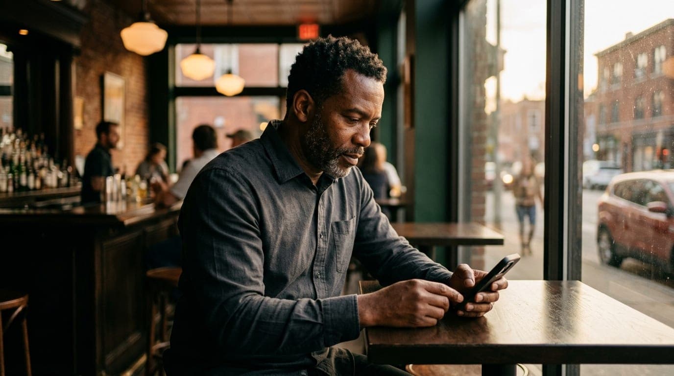 An 85mm portrait captures a man in a crisp charcoal button-down sitting at a high-top table inside a dimly lit Southside c...