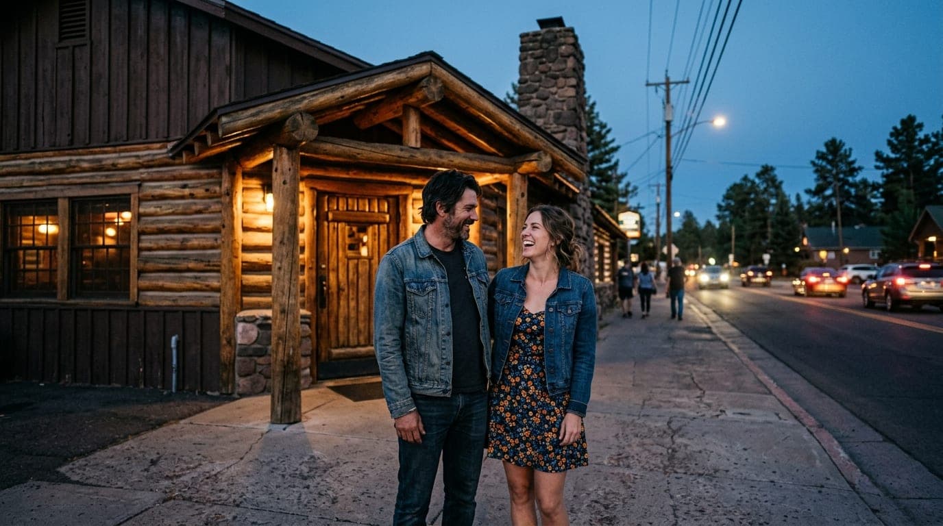 A 24mm wide-angle, blue-hour shot centered on a couple laughing outside The Museum Club’s rustic log exterior. He wears a...
