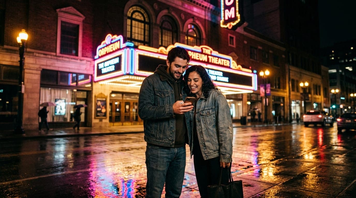 Low-angle hero shot of a couple standing outside The Orpheum Theater at midnight. They wear vintage denim jackets, sharing...