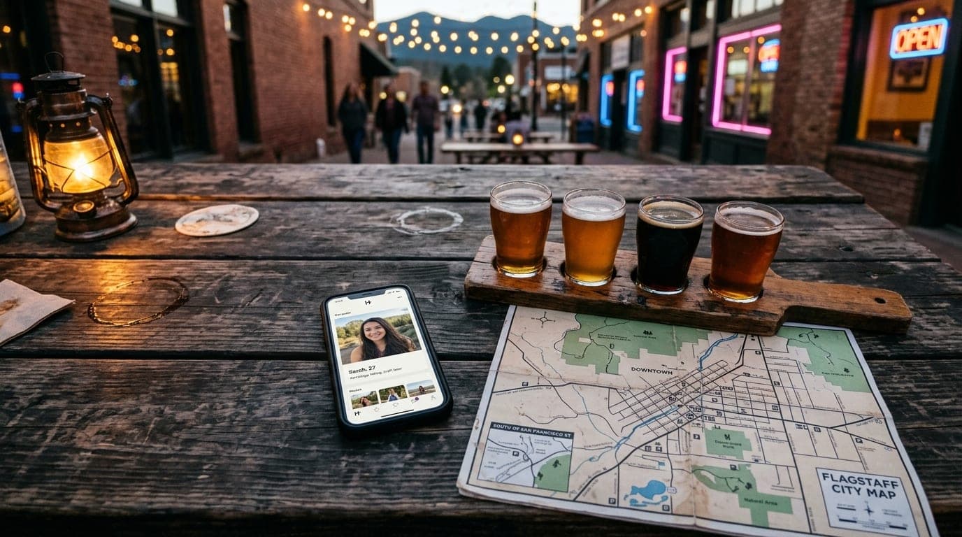 An overhead flat-lay on a weathered outdoor wooden table in Flagstaff. A single craft beer flight, a local city map, and a...