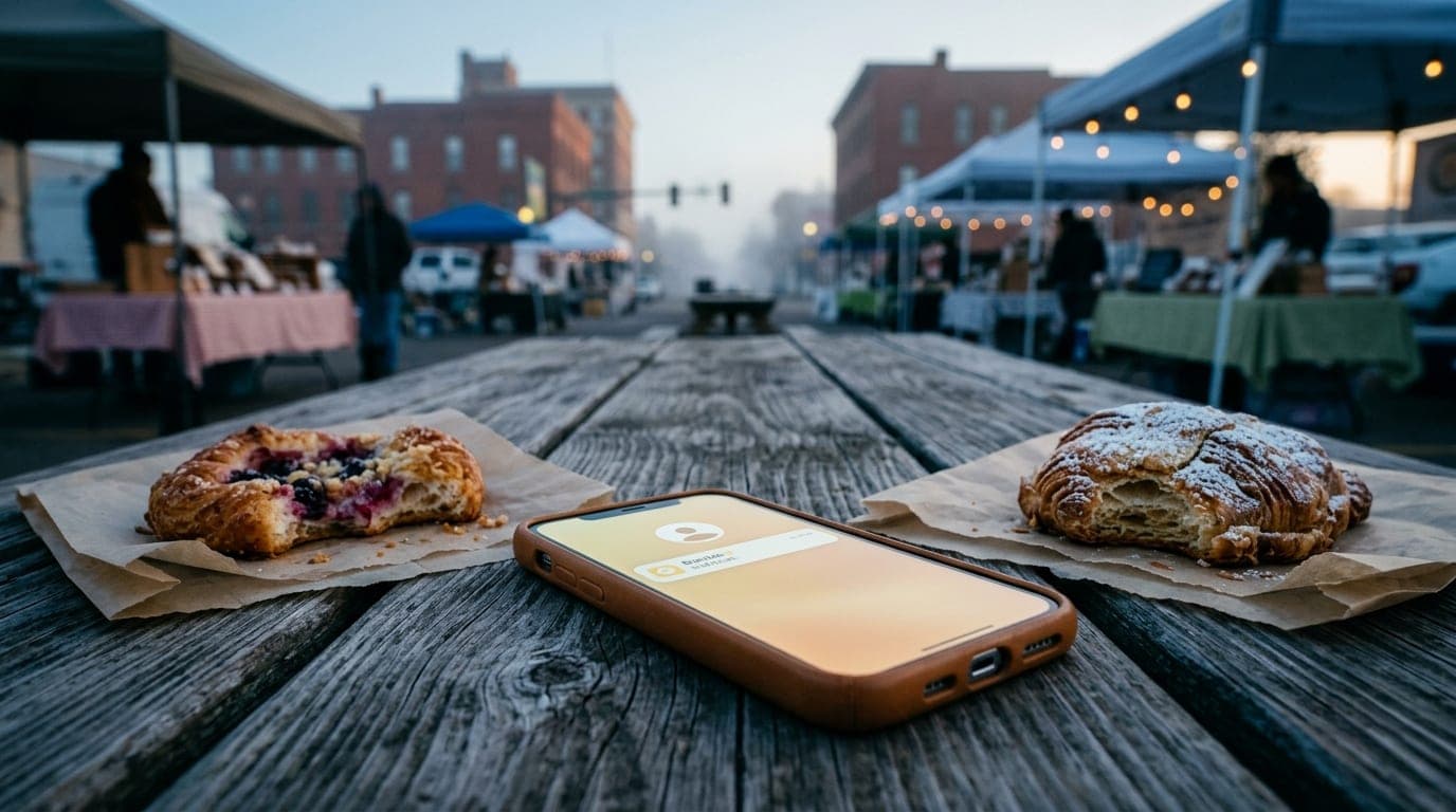A low-angle hero shot of a leather-bound smartphone glowing with a Bumble notification, resting on a weathered wooden picn...