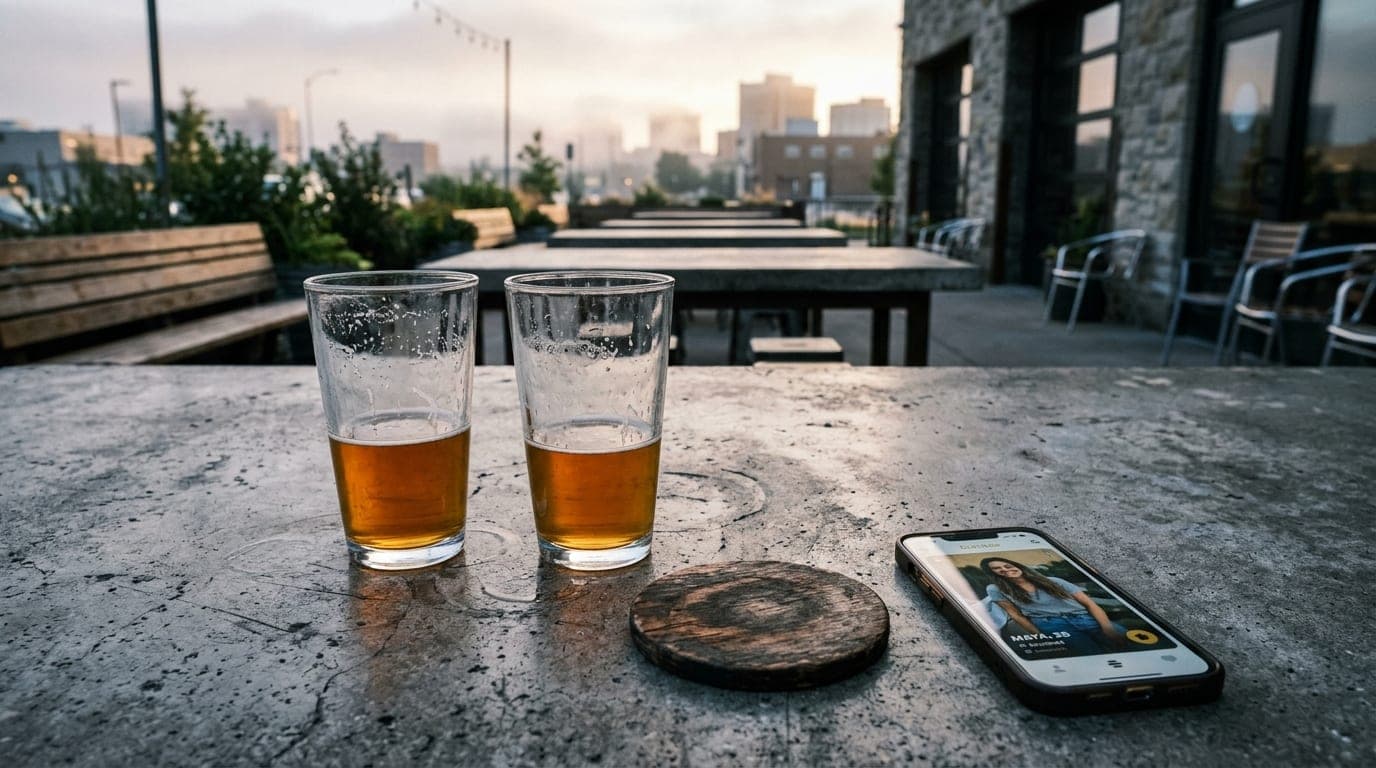 An overhead flat-lay on a weathered concrete table at Tenacity Brewing, featuring two half-full pint glasses and a Bumble...