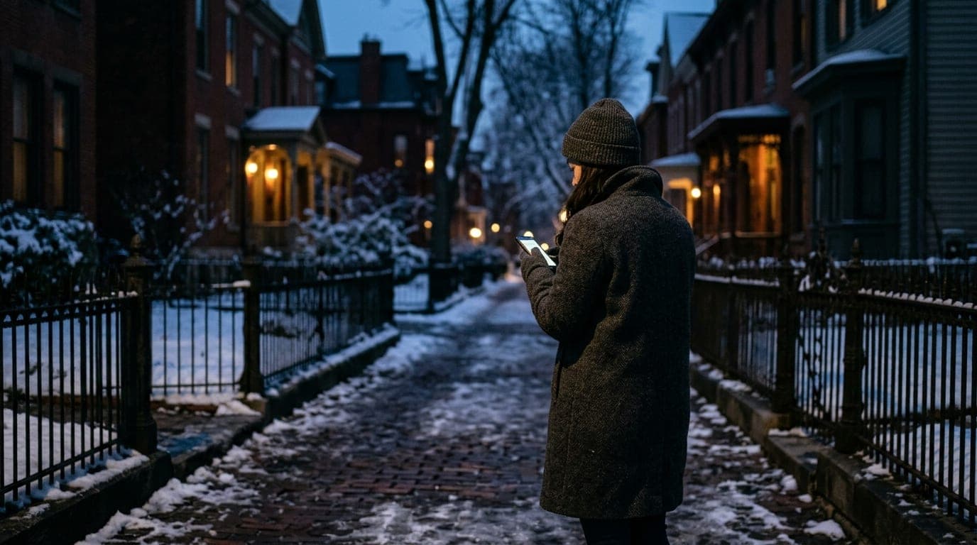 A lone woman in a charcoal wool coat stands on a dark, snow-dusted brick sidewalk in Carriage Town. She scrolls her phone,...