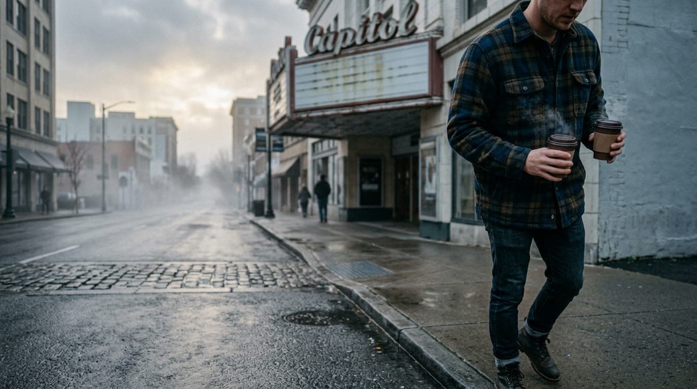 35mm documentary shot, overcast morning: a person in a flannel jacket stands before the Capitol Theatre marquee, holding t...