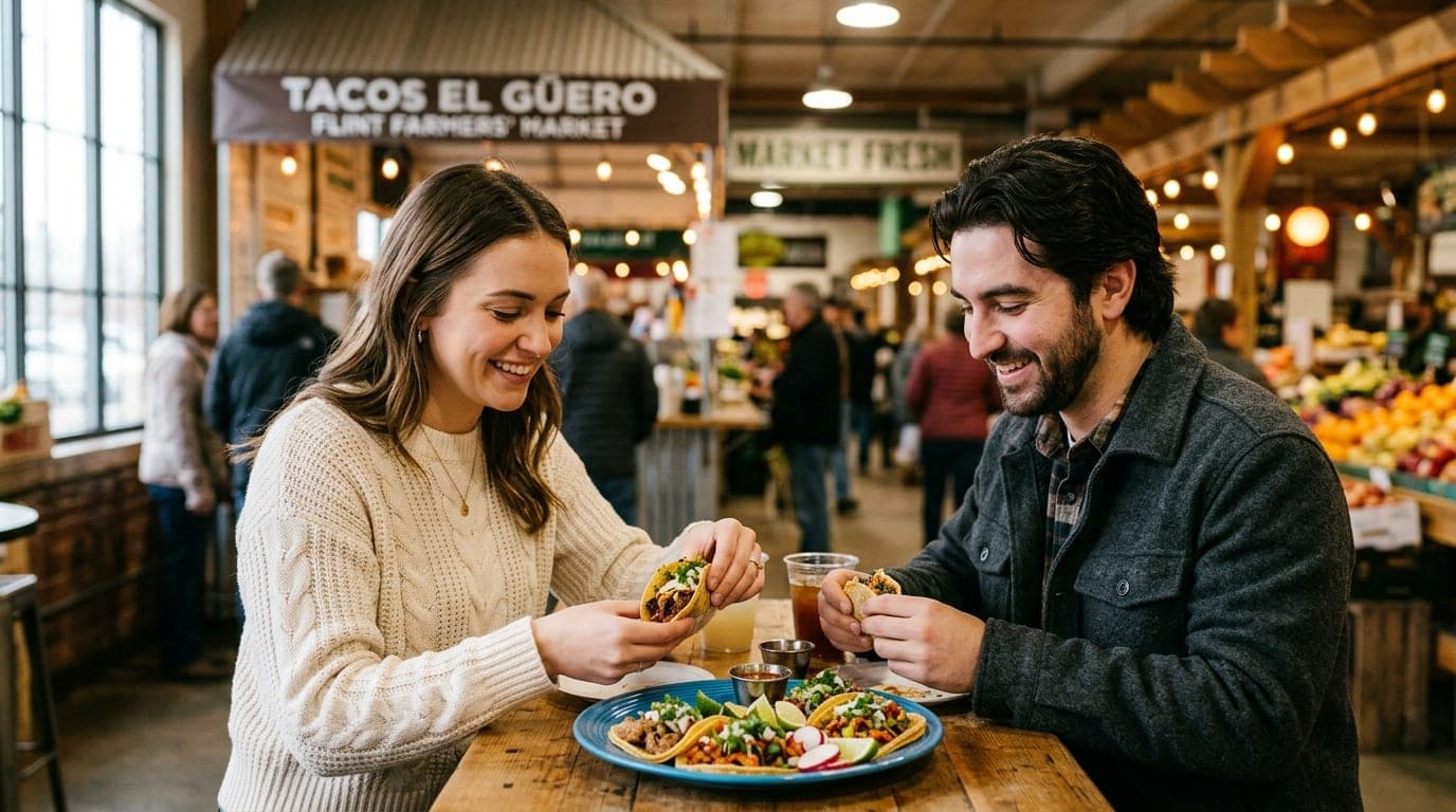 An 85mm portrait captures a couple sharing a vibrant taco plate inside the Flint Farmers’ Market. The woman wears a cable-...