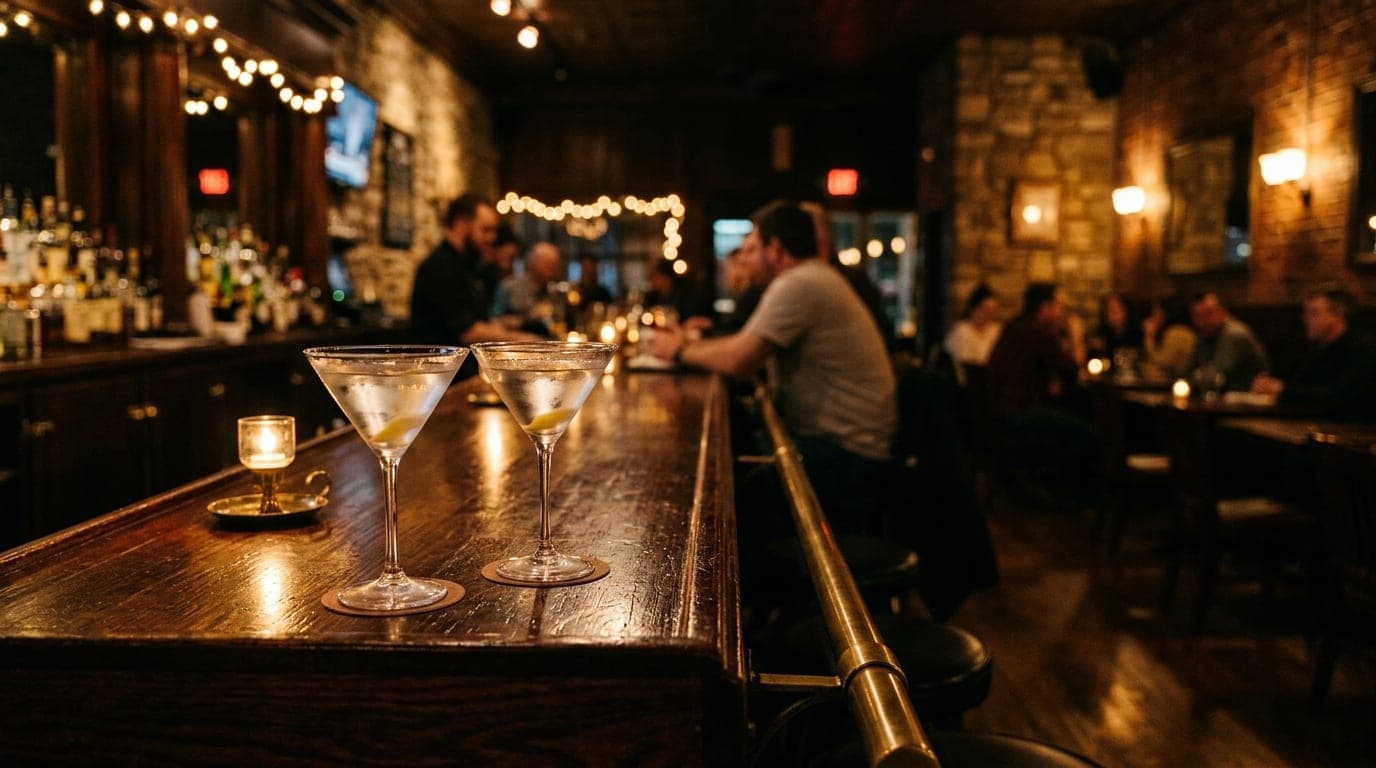An 85mm wide shot inside 501 Bar and Grill at night. A pair of untouched martinis sits on the mahogany bar, illuminated by...