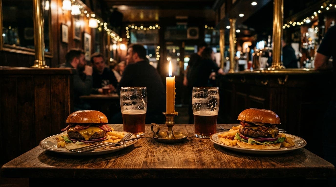 A medium shot inside a dimly lit corner of Soggy Bottom Bar. Two plates with gourmet burgers and half-finished pints sit o...