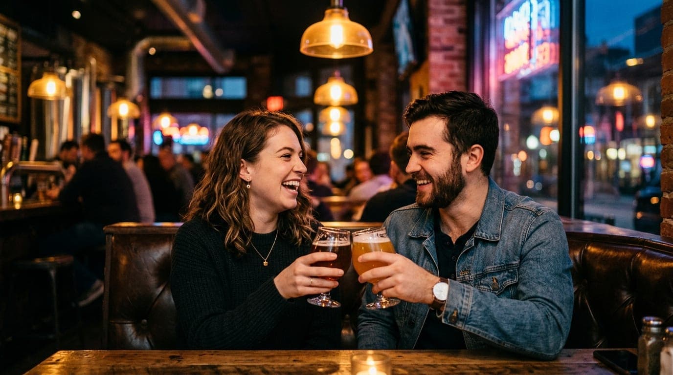 A couple sits in a leather booth at a dimly lit brewery, clinking craft beer glasses. Warm tungsten pendant lights illumin...